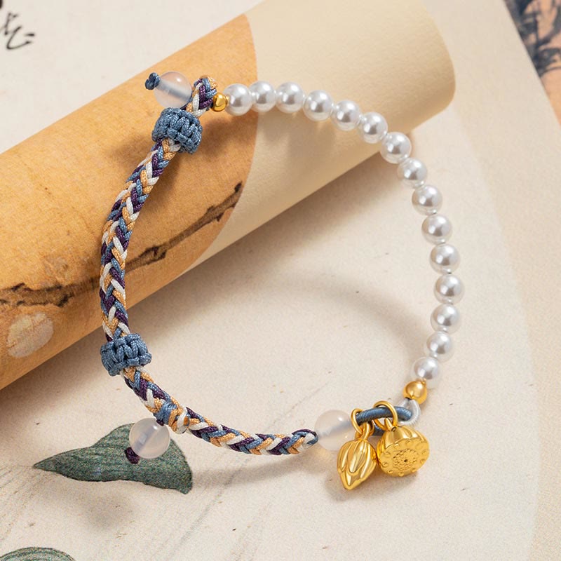 Buddha Stones 925 Sterling Silver Lotus Pearl Colorful Rope Chalcedony Prosperity Bracelet - image 1