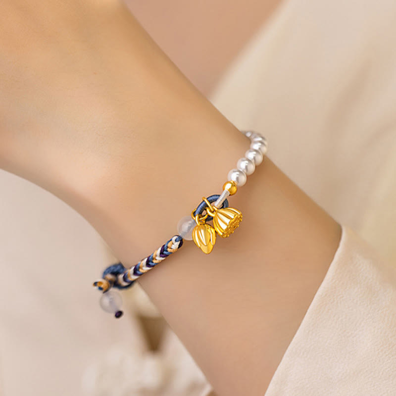 Buddha Stones 925 Sterling Silver Lotus Pearl Colorful Rope Chalcedony Prosperity Bracelet - image 5