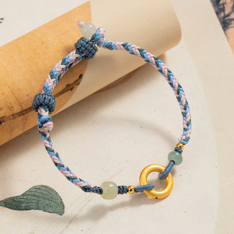 Buddha Stones 999 Sterling Silver Hetian Jade Knitted Hand Rope Luck Health Bracelet - image 1