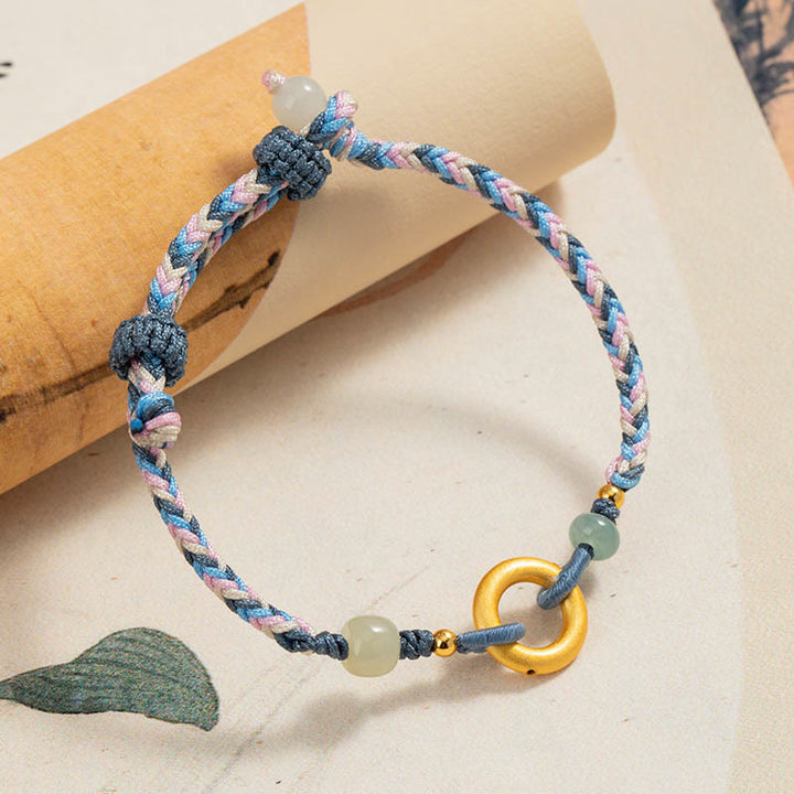 Buddha Stones 999 Sterling Silver Hetian Jade Knitted Hand Rope Luck Health Bracelet - image 1