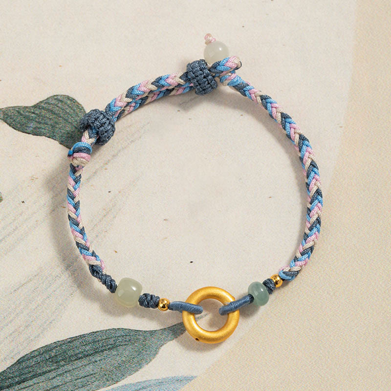 Buddha Stones 999 Sterling Silver Hetian Jade Knitted Hand Rope Luck Health Bracelet - Peace Buckle And Hetian Jade Hand Cope bracelet - image 0