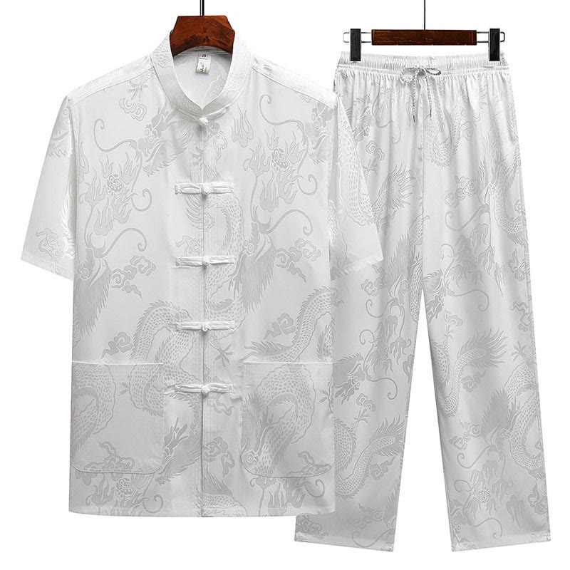 Buddha Stones Dragon Pattern Tang Suit Hanfu Traditional Uniform Short Sleeve Top Pants Clothing Men's Set - White(Top&Pants) - US/UK/AU44，EU54 (4XL) - image 16