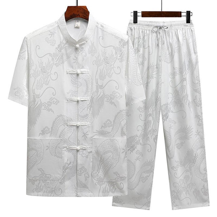 Buddha Stones Dragon Pattern Tang Suit Hanfu Traditional Uniform Short Sleeve Top Pants Clothing Men's Set - White(Top&Pants) - US/UK/AU44，EU54 (4XL) - image 16
