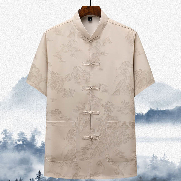 Buddha Stones Mountains Trees Tang Suit Hanfu Traditional Uniform Short Sleeve Top Pants Clothing Men's Set - Beige - Top - US/UK/AU42，EU52 (3XL)  - image 2