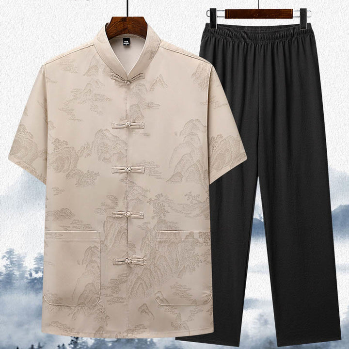 Buddha Stones Mountains Trees Tang Suit Hanfu Traditional Uniform Short Sleeve Top Pants Clothing Men's Set - Beige - Top&Pants - US/UK/AU42，EU52 (3XL)  - image 0