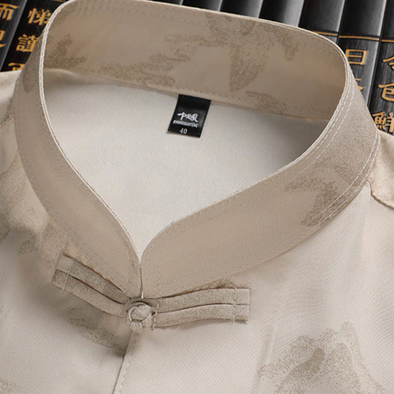 Buddha Stones Mountains Trees Tang Suit Hanfu Traditional Uniform Short Sleeve Top Pants Clothing Men's Set - image 3