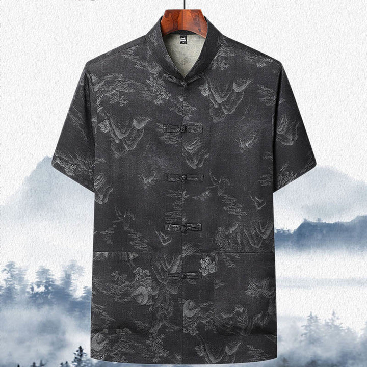 Buddha Stones Mountains Trees Tang Suit Hanfu Traditional Uniform Short Sleeve Top Pants Clothing Men's Set - Black - Top - US/UK/AU42，EU52 (3XL)  - image 11