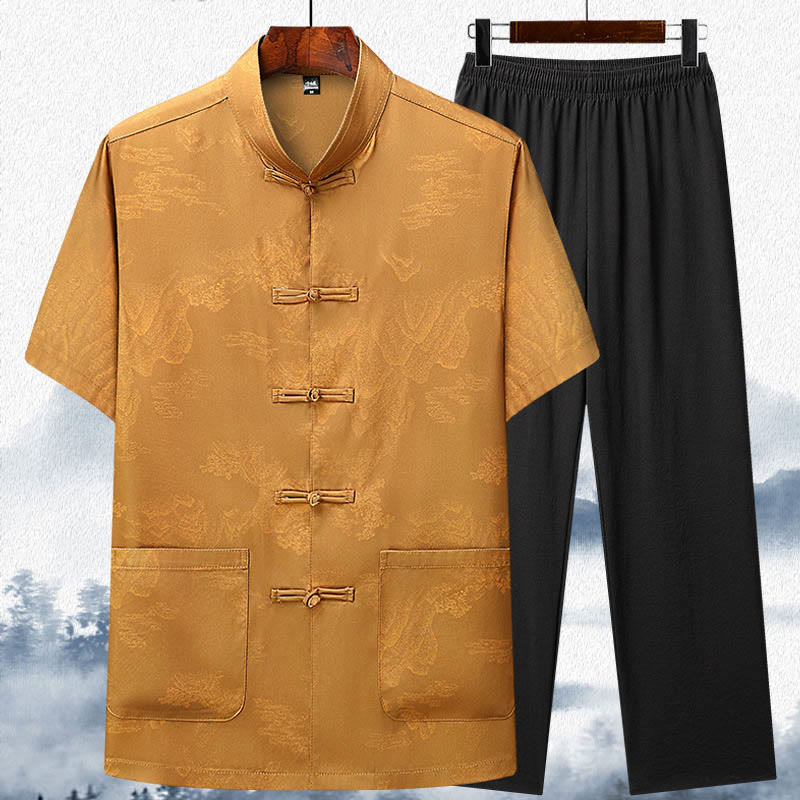 Buddha Stones Mountains Trees Tang Suit Hanfu Traditional Uniform Short Sleeve Top Pants Clothing Men's Set - Yellow - Top&Pants - US/UK/AU42，EU52 (3XL)  - image 12
