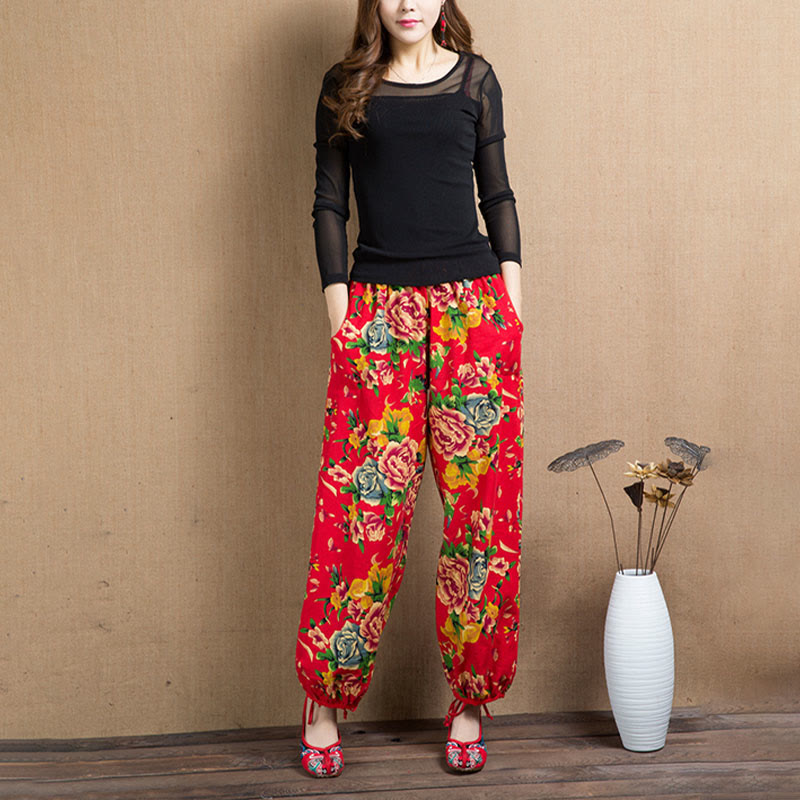 Buddha Stones Ethnic Style Red Green Flowers Print Harem Pants With Pockets - image 7