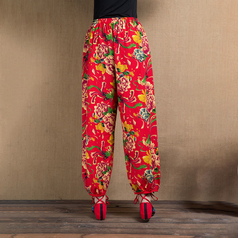 Buddha Stones Ethnic Style Red Green Flowers Print Harem Pants With Pockets - image 2