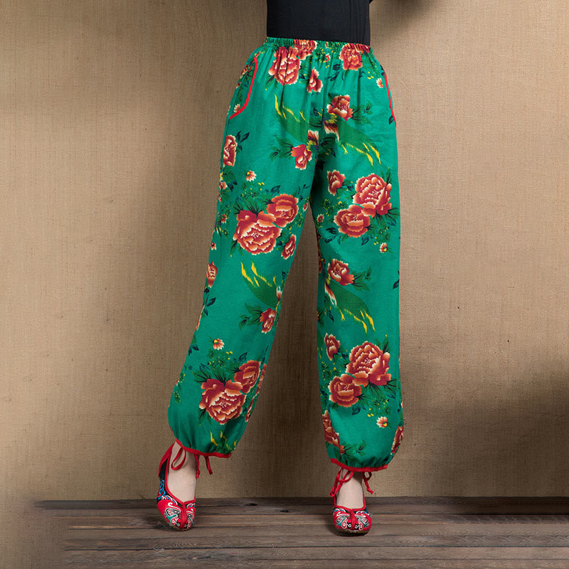 Buddha Stones Ethnic Style Red Green Flowers Print Harem Pants With Pockets - Green Flowers-US4-6，UK/AU8-10，EU36-38 (F) - image 10