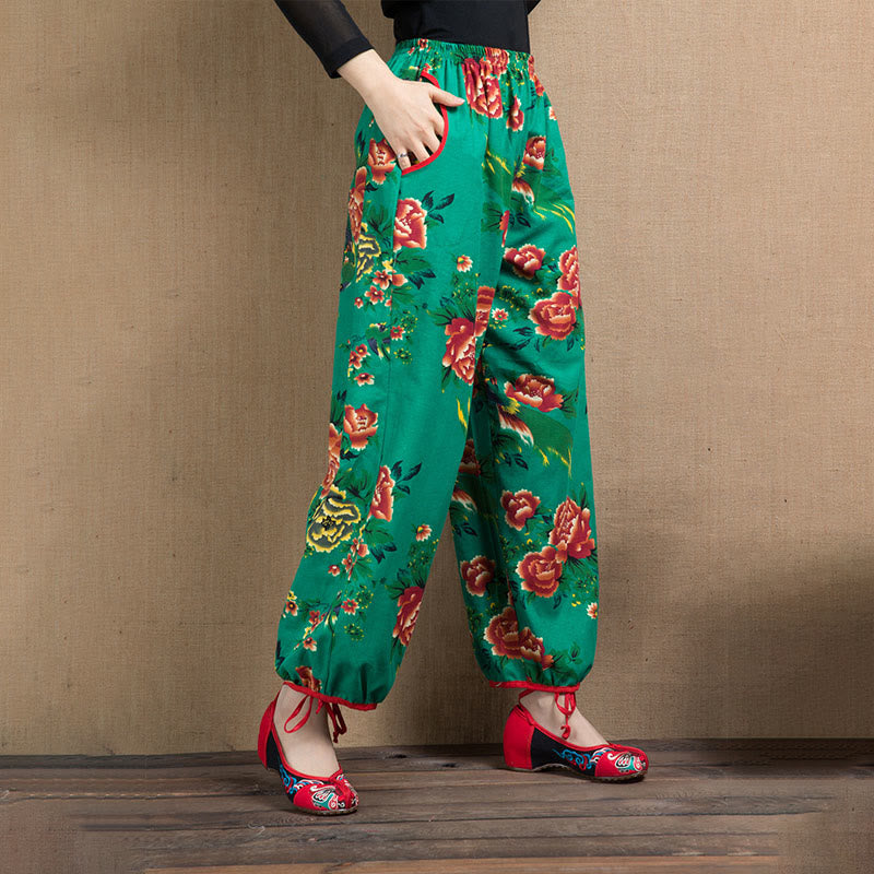 Buddha Stones Ethnic Style Red Green Flowers Print Harem Pants With Pockets - image 12