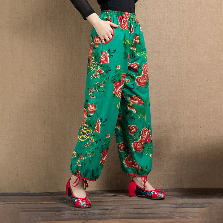 Buddha Stones Ethnic Style Red Green Flowers Print Harem Pants With Pockets - image 12