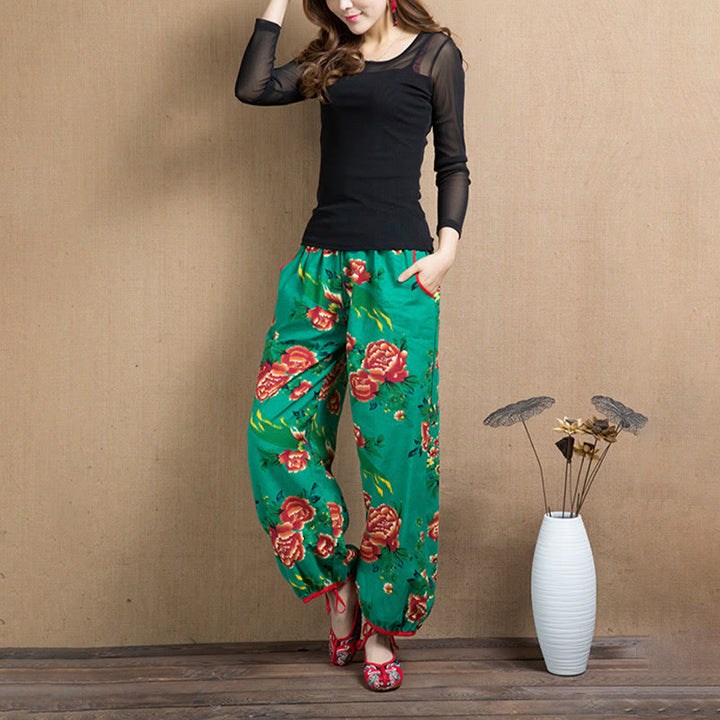 Buddha Stones Ethnic Style Red Green Flowers Print Harem Pants With Pockets - image 14