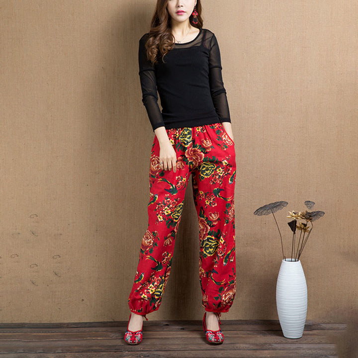 Buddha Stones Ethnic Style Red Green Flowers Print Harem Pants With Pockets - image 20