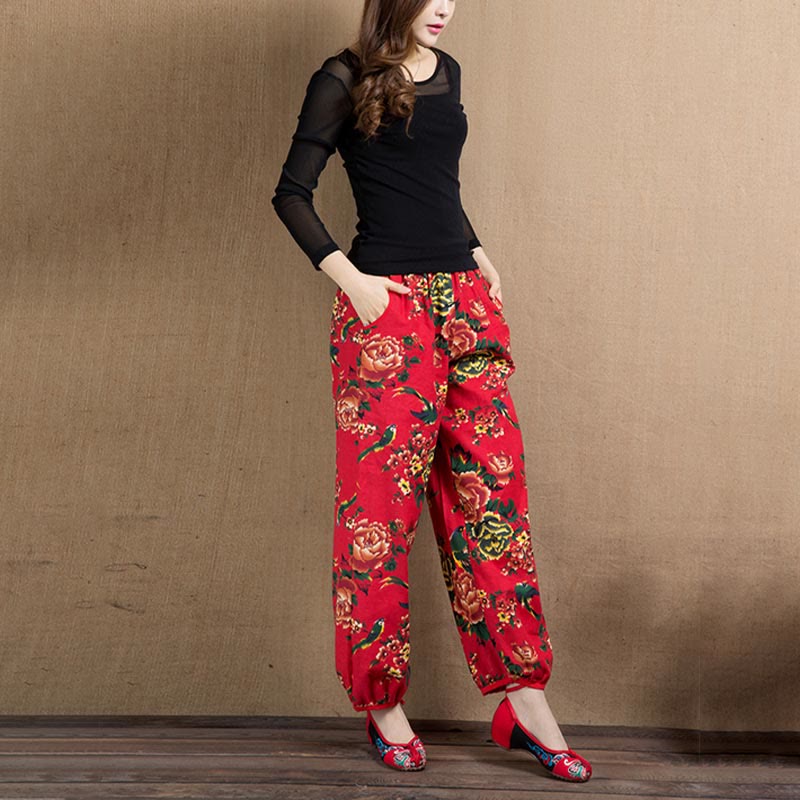 Buddha Stones Ethnic Style Red Green Flowers Print Harem Pants With Pockets - image 19