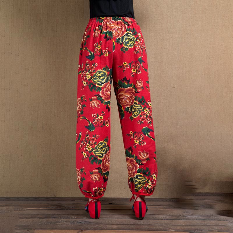 Buddha Stones Ethnic Style Red Green Flowers Print Harem Pants With Pockets - image 17
