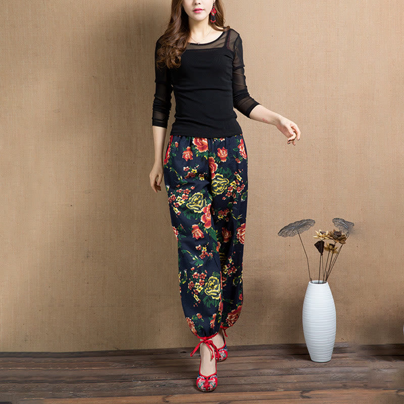 Buddha Stones Ethnic Style Red Green Flowers Print Harem Pants With Pockets - image 24