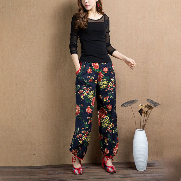 Buddha Stones Ethnic Style Red Green Flowers Print Harem Pants With Pockets - image 25