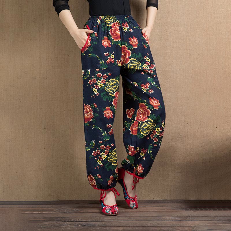Buddha Stones Ethnic Style Red Green Flowers Print Harem Pants With Pockets - Navy Blue Red Flowers-US4-6，UK/AU8-10，EU36-38 (F) - image 22