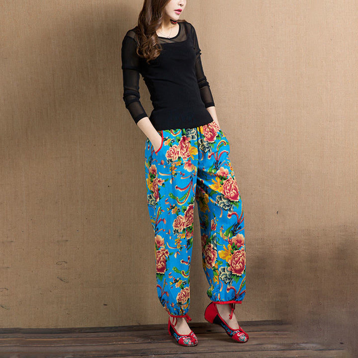 Buddha Stones Ethnic Style Red Green Flowers Print Harem Pants With Pockets - image 30