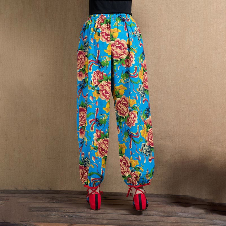 Buddha Stones Ethnic Style Red Green Flowers Print Harem Pants With Pockets - image 28