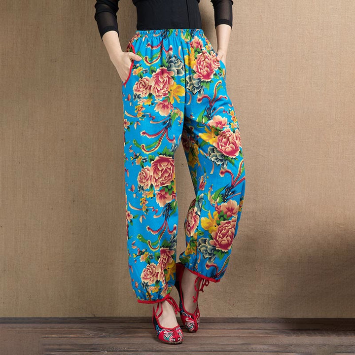 Buddha Stones Ethnic Style Red Green Flowers Print Harem Pants With Pockets - Blue Red Flowers-US4-6，UK/AU8-10，EU36-38 (F) - image 27