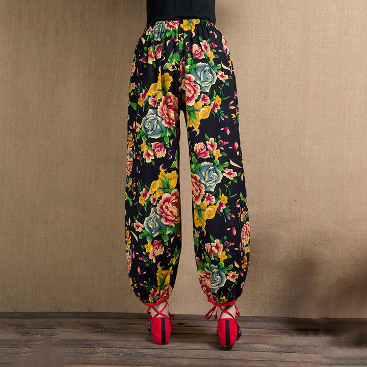 Buddha Stones Ethnic Style Red Green Flowers Print Harem Pants With Pockets - image 34