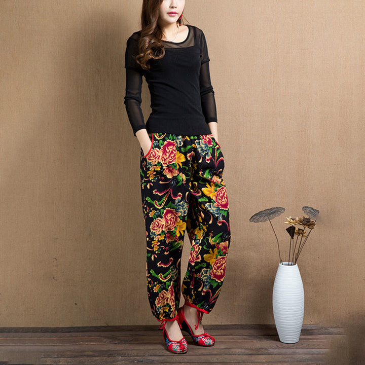 Buddha Stones Ethnic Style Red Green Flowers Print Harem Pants With Pockets - image 36