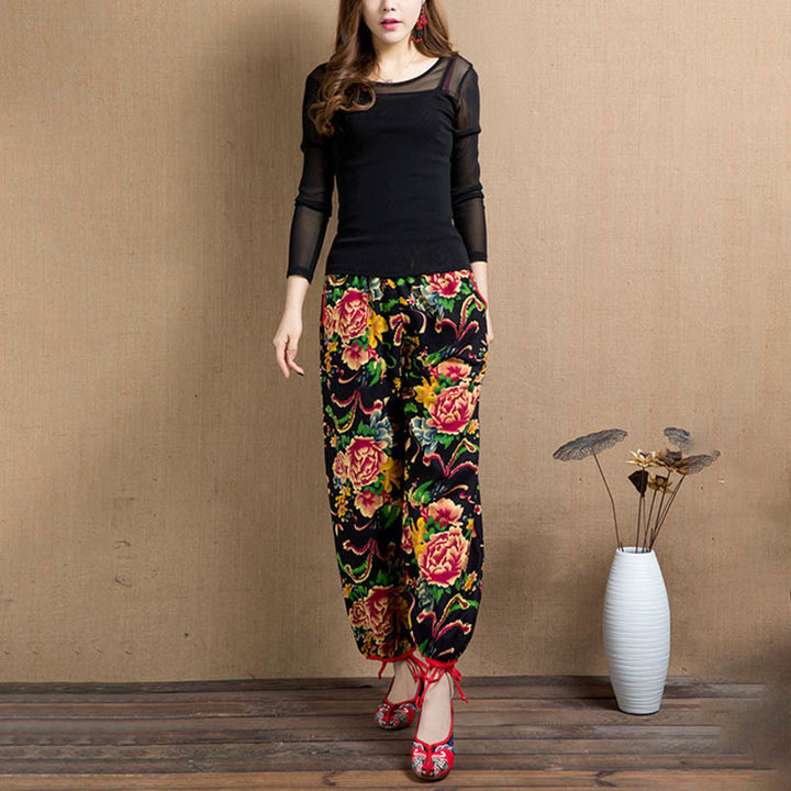 Buddha Stones Ethnic Style Red Green Flowers Print Harem Pants With Pockets - image 37