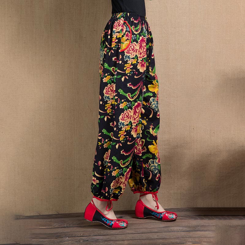 Buddha Stones Ethnic Style Red Green Flowers Print Harem Pants With Pockets - image 35