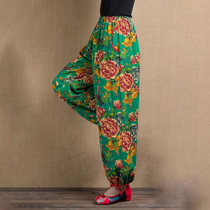 Buddha Stones Ethnic Style Red Green Flowers Print Harem Pants With Pockets - image 41