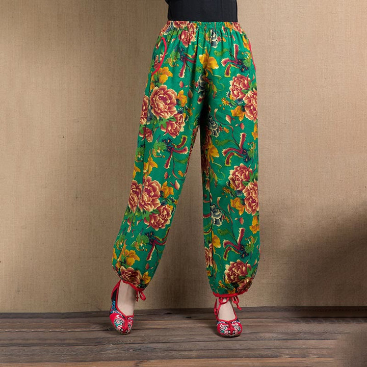 Buddha Stones Ethnic Style Red Green Flowers Print Harem Pants With Pockets - Green Yellow Flowers-US4-6，UK/AU8-10，EU36-38 (F) - image 39