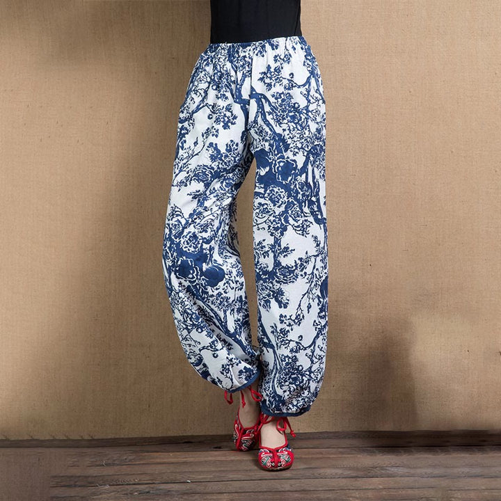 Buddha Stones Blue Tree Flowers Print Harem Pants With Pockets - Blue Tree-US4-6，UK/AU8-10，EU36-38 (F) - image 0
