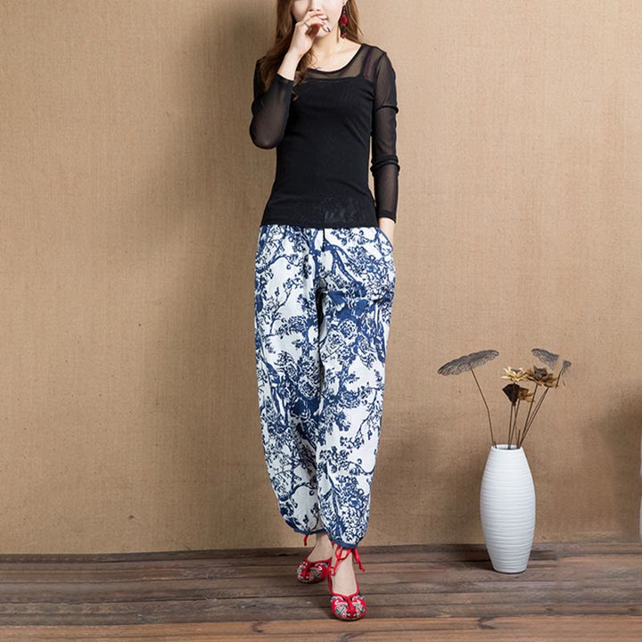 Buddha Stones Blue Tree Flowers Print Harem Pants With Pockets - image 3