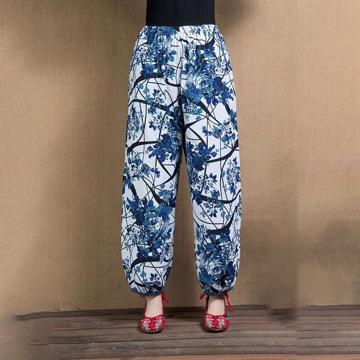 Buddha Stones Blue Tree Flowers Print Harem Pants With Pockets - Blue Flowers-US4-6，UK/AU8-10，EU36-38 (F) - image 6