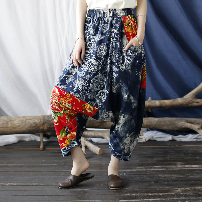 Buddha Stones Blue Red Peony Flowers Patchwork Cotton Linen Harem Pants With Pockets - image 4