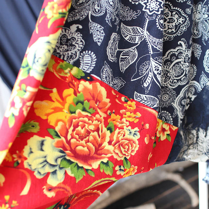 Buddha Stones Blue Red Peony Flowers Patchwork Cotton Linen Harem Pants With Pockets - image 11