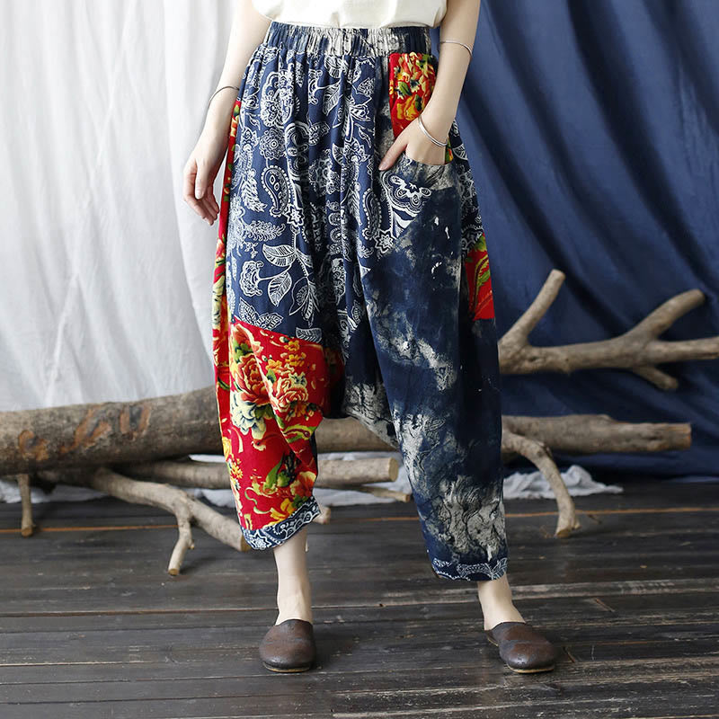 Buddha Stones Blue Red Peony Flowers Patchwork Cotton Linen Harem Pants With Pockets - image 13