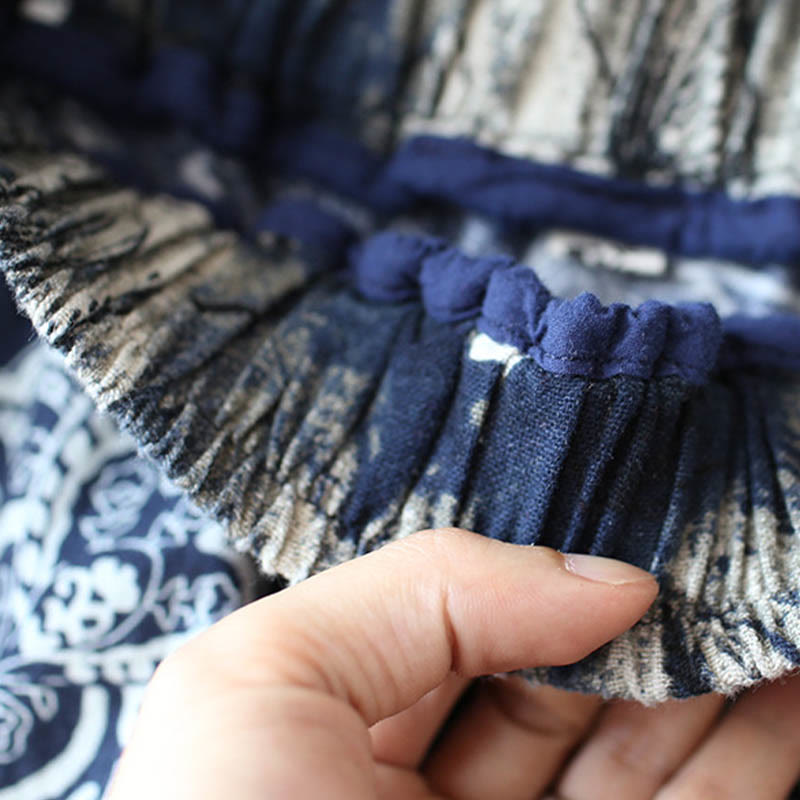 Buddha Stones Blue Red Peony Flowers Patchwork Cotton Linen Harem Pants With Pockets - image 8