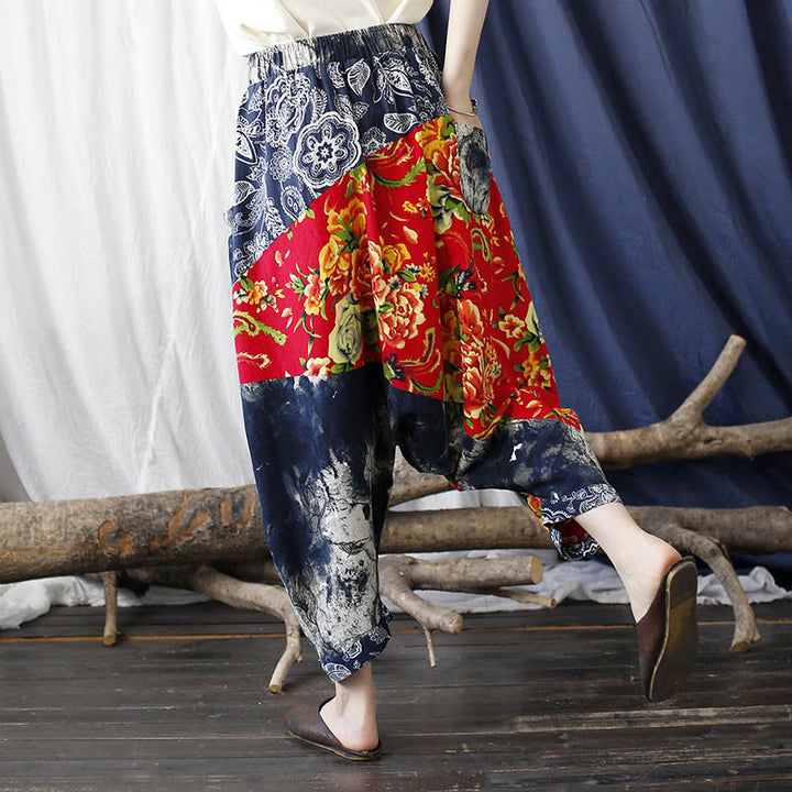 Buddha Stones Blue Red Peony Flowers Patchwork Cotton Linen Harem Pants With Pockets - image 2