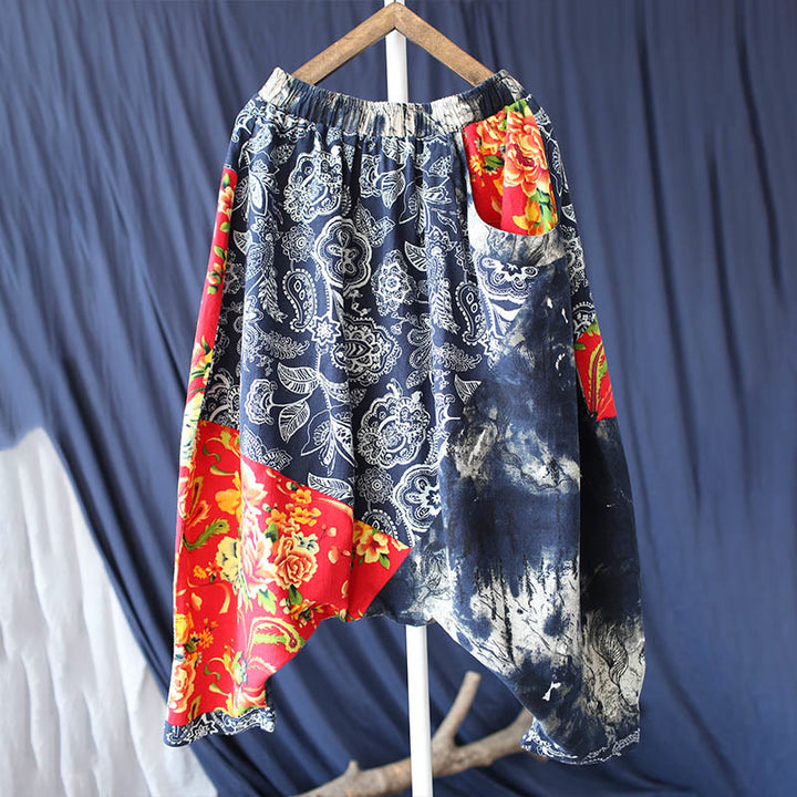Buddha Stones Blue Red Peony Flowers Patchwork Cotton Linen Harem Pants With Pockets - image 6