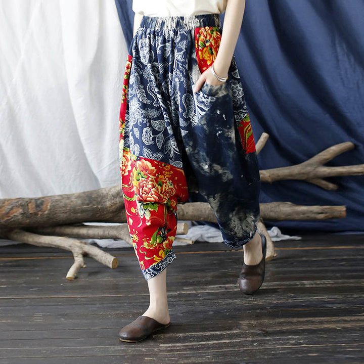 Buddha Stones Blue Red Peony Flowers Patchwork Cotton Linen Harem Pants With Pockets - image 12