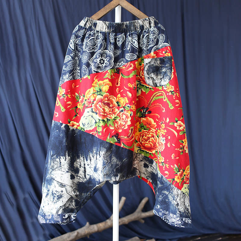 Buddha Stones Blue Red Peony Flowers Patchwork Cotton Linen Harem Pants With Pockets - image 7
