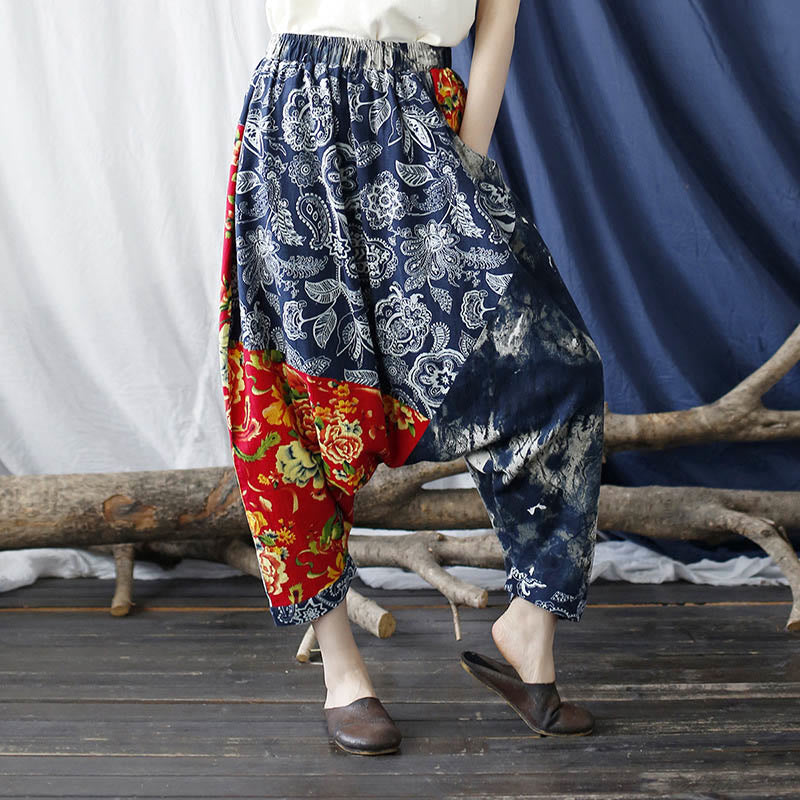 Buddha Stones Blue Red Peony Flowers Patchwork Cotton Linen Harem Pants With Pockets - image 1