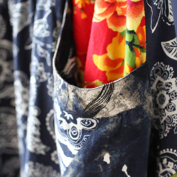 Buddha Stones Blue Red Peony Flowers Patchwork Cotton Linen Harem Pants With Pockets - image 9
