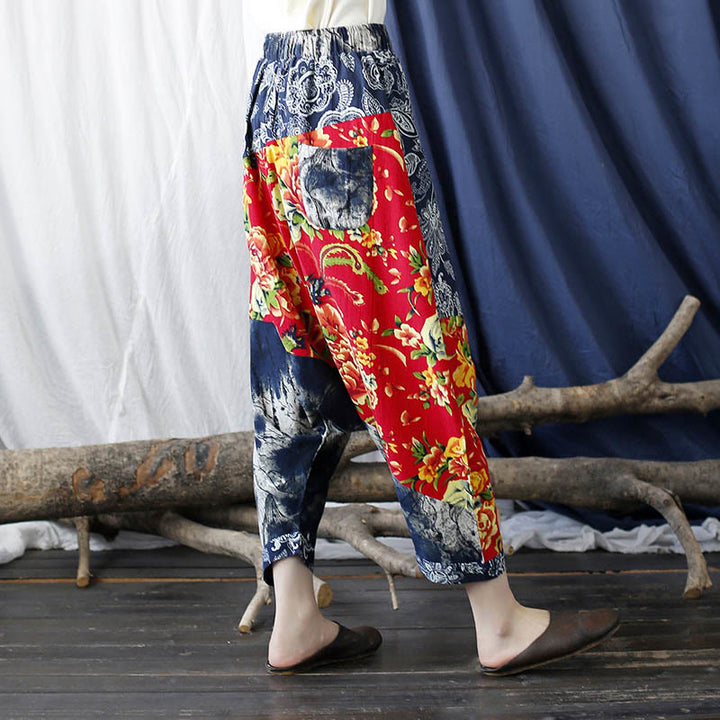 Buddha Stones Blue Red Peony Flowers Patchwork Cotton Linen Harem Pants With Pockets - image 3