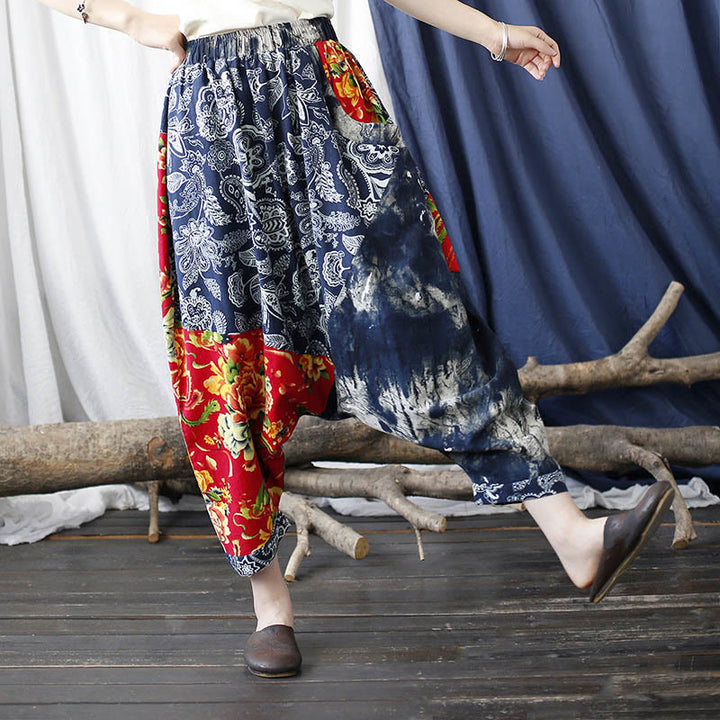 Buddha Stones Blue Red Peony Flowers Patchwork Cotton Linen Harem Pants With Pockets - image 14