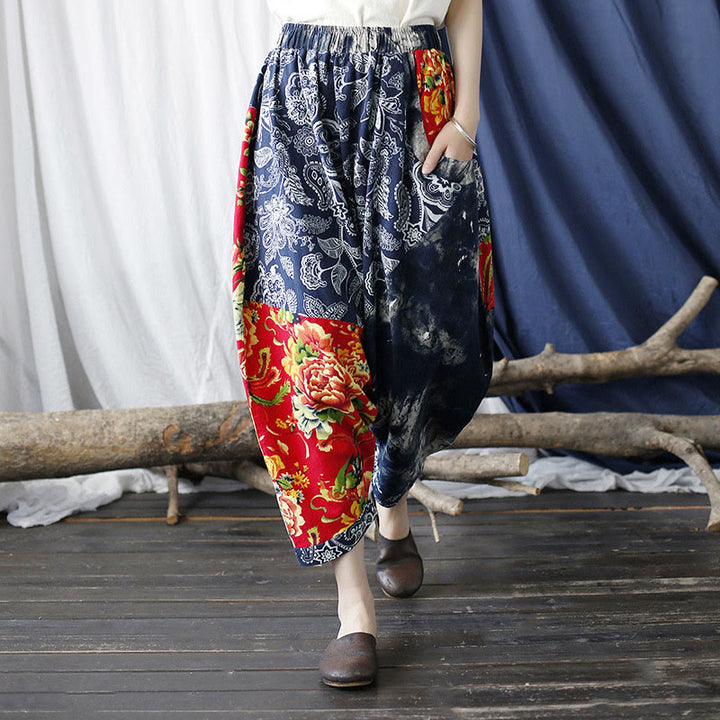 Buddha Stones Blue Red Peony Flowers Patchwork Cotton Linen Harem Pants With Pockets - image 5