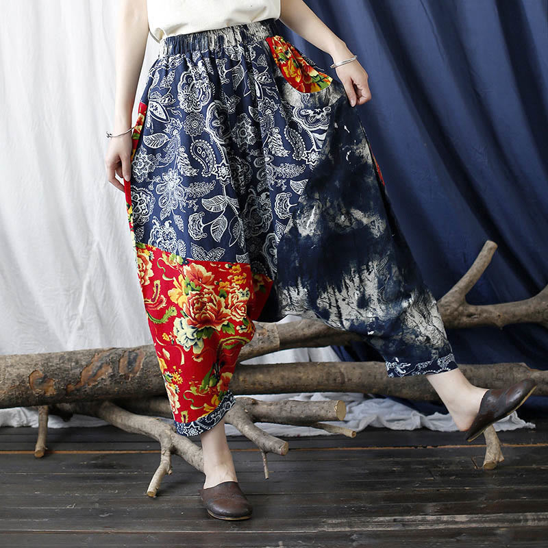 Buddha Stones Blue Red Peony Flowers Patchwork Cotton Linen Harem Pants With Pockets - F(Fit for US4-6; UK/AU8-10; EU36-38) - image 0